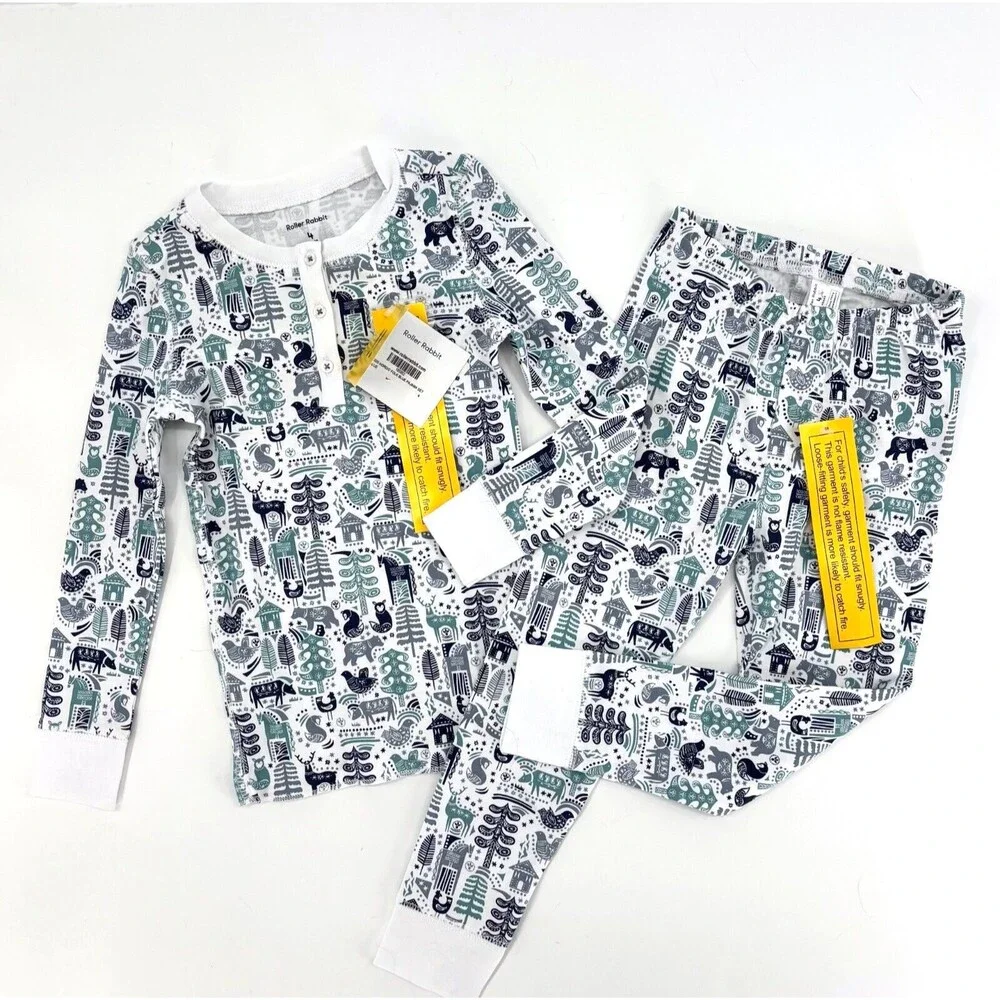 Roller Rabbit Kid’s Size 4 Nordic Folk Print 2-Piece Pajama Set Blue/White NWT